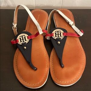 Tommy Hilfiger Navy, Tan, Red & White Logo T-Strap Sandals